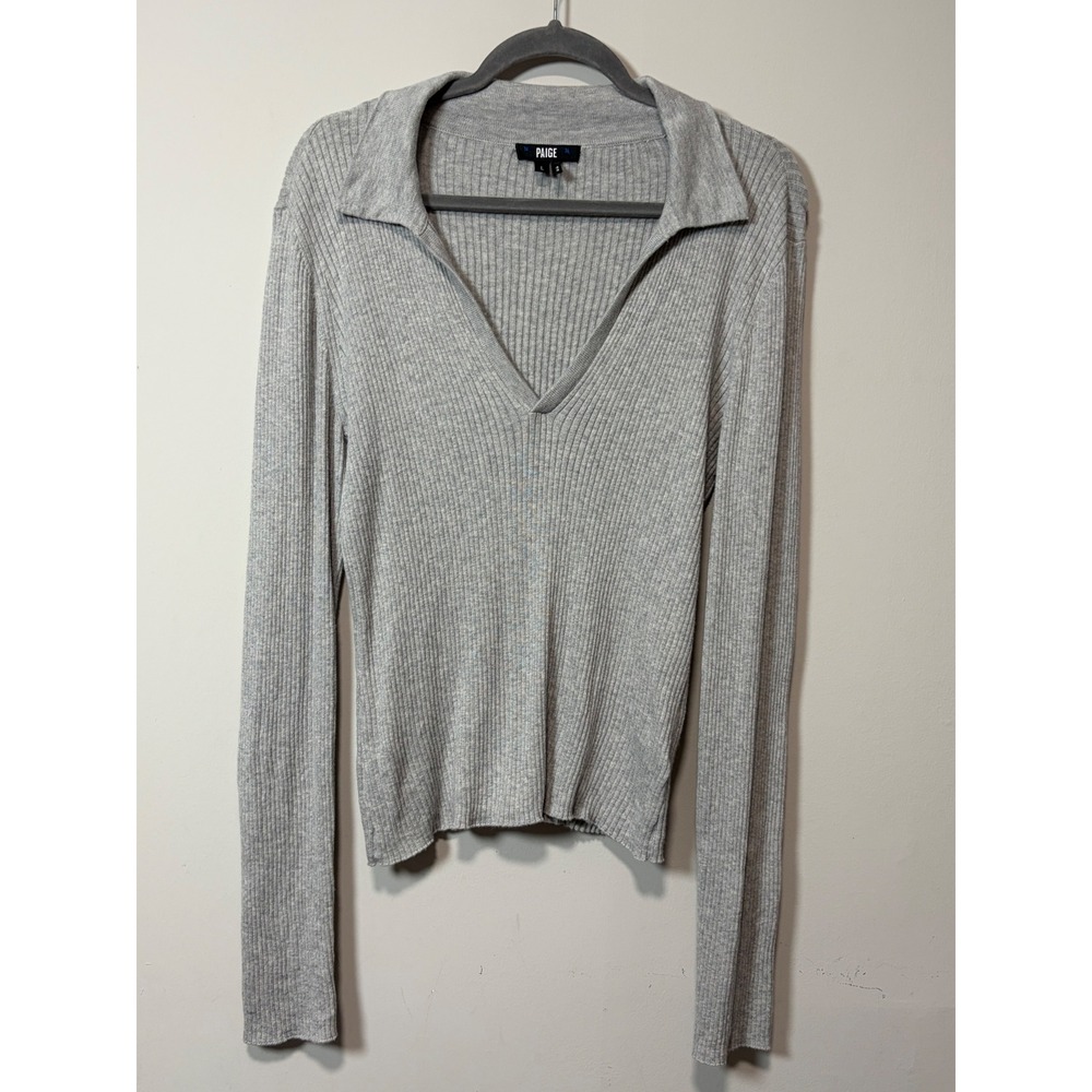PAIGE Womens Gray Ribbed Knit Long Sleeve V-Neck Collared Top Size L